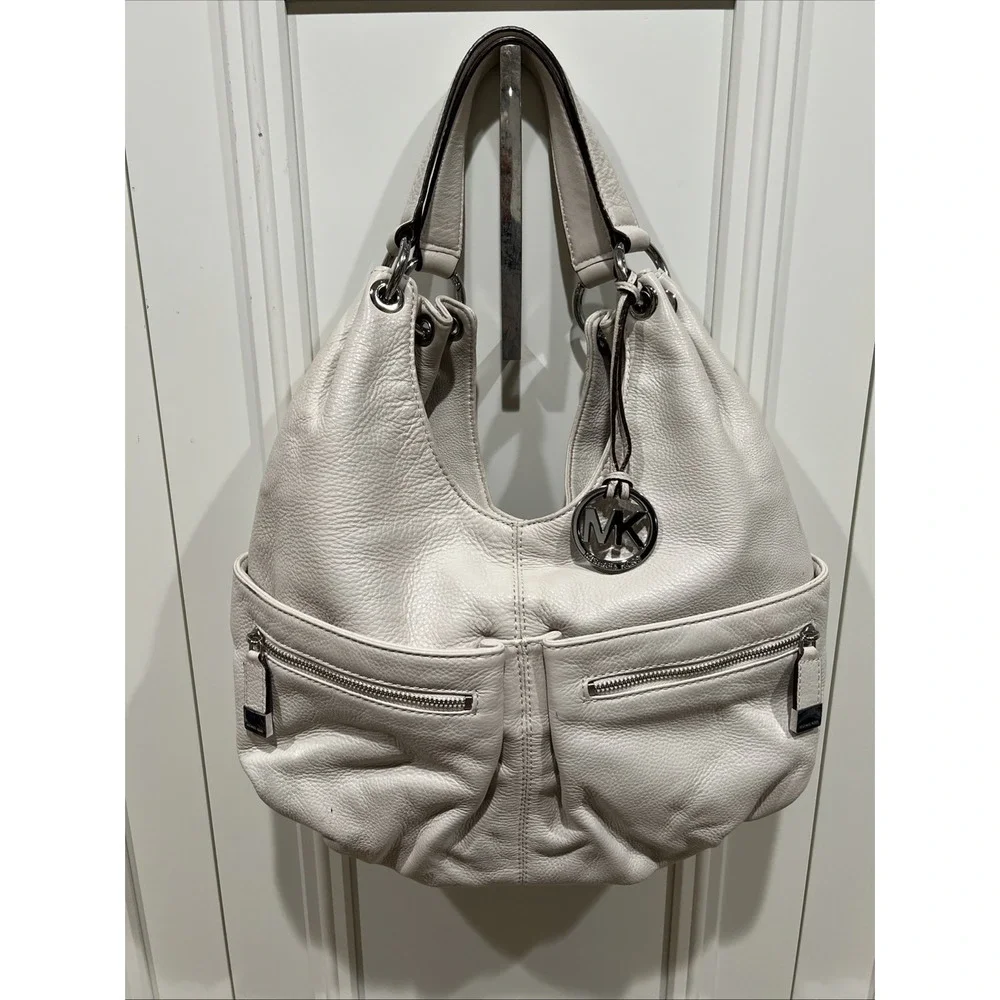 Michael Kors Layton Pebbled Leather‎ Shoulder Bag Hobo Cream Large Designer Boho